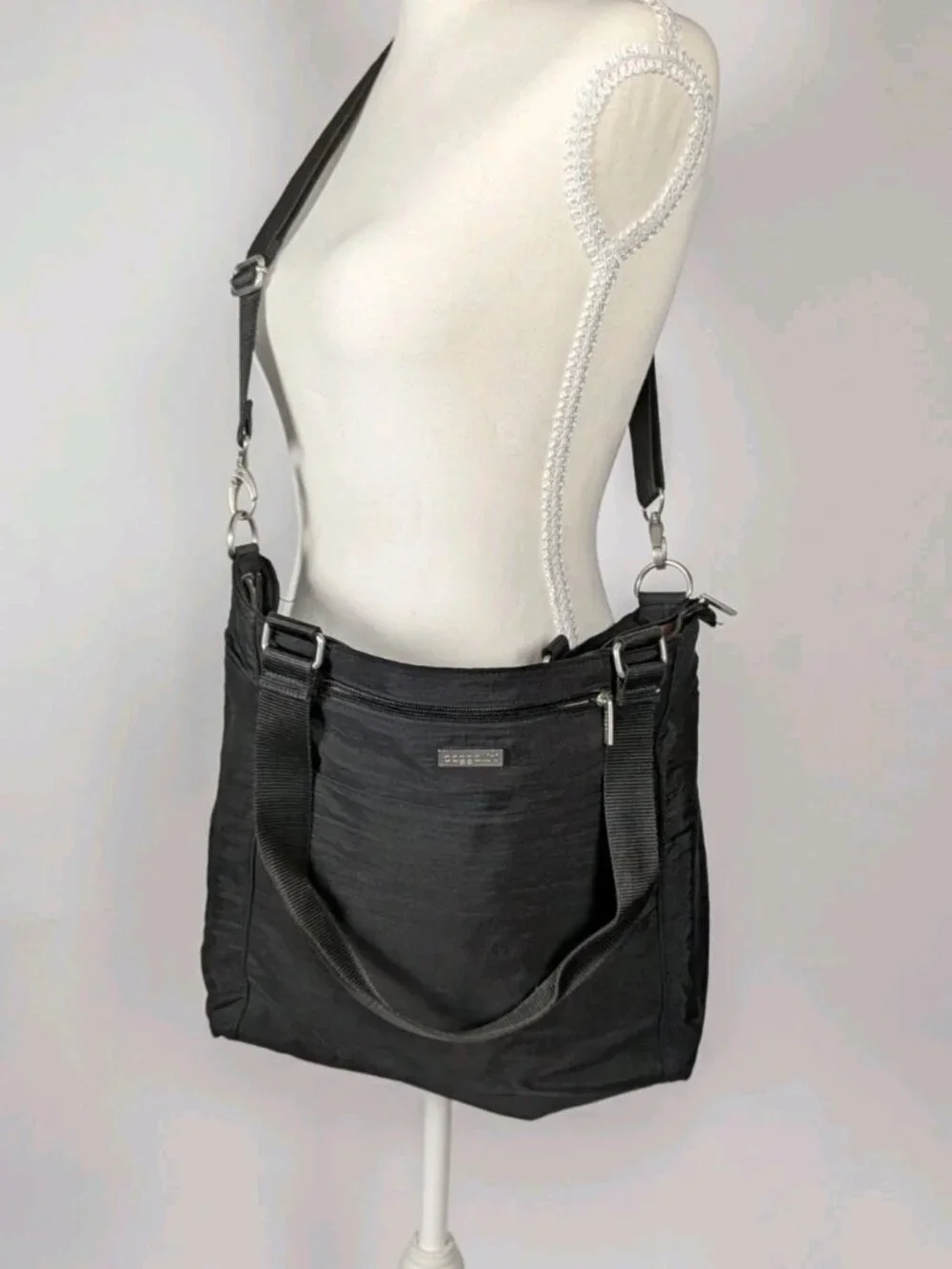 Baggallini Convertible Tote Crossbody Bag Black Nylon Shoulder Purse Travel Orga